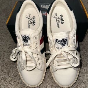 NEW! J. Crew x Gola Mark Cox White, Navy & Red Canvas Tennis Sneaker size US 8